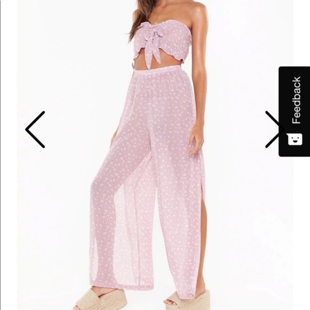 Women's Nasty Gal Floral Bandeau and Split Beach Pant Set Size 6 Coverup Sheer